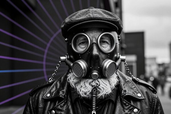 A person in a leather jacket and intricate gas mask stands in an urban setting with a dramatic background, reflecting a steampunk-inspired fashion statement.