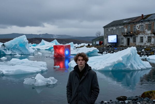 A young man in a coat stands by an icy shore with floating icebergs and a glowing red cube.
