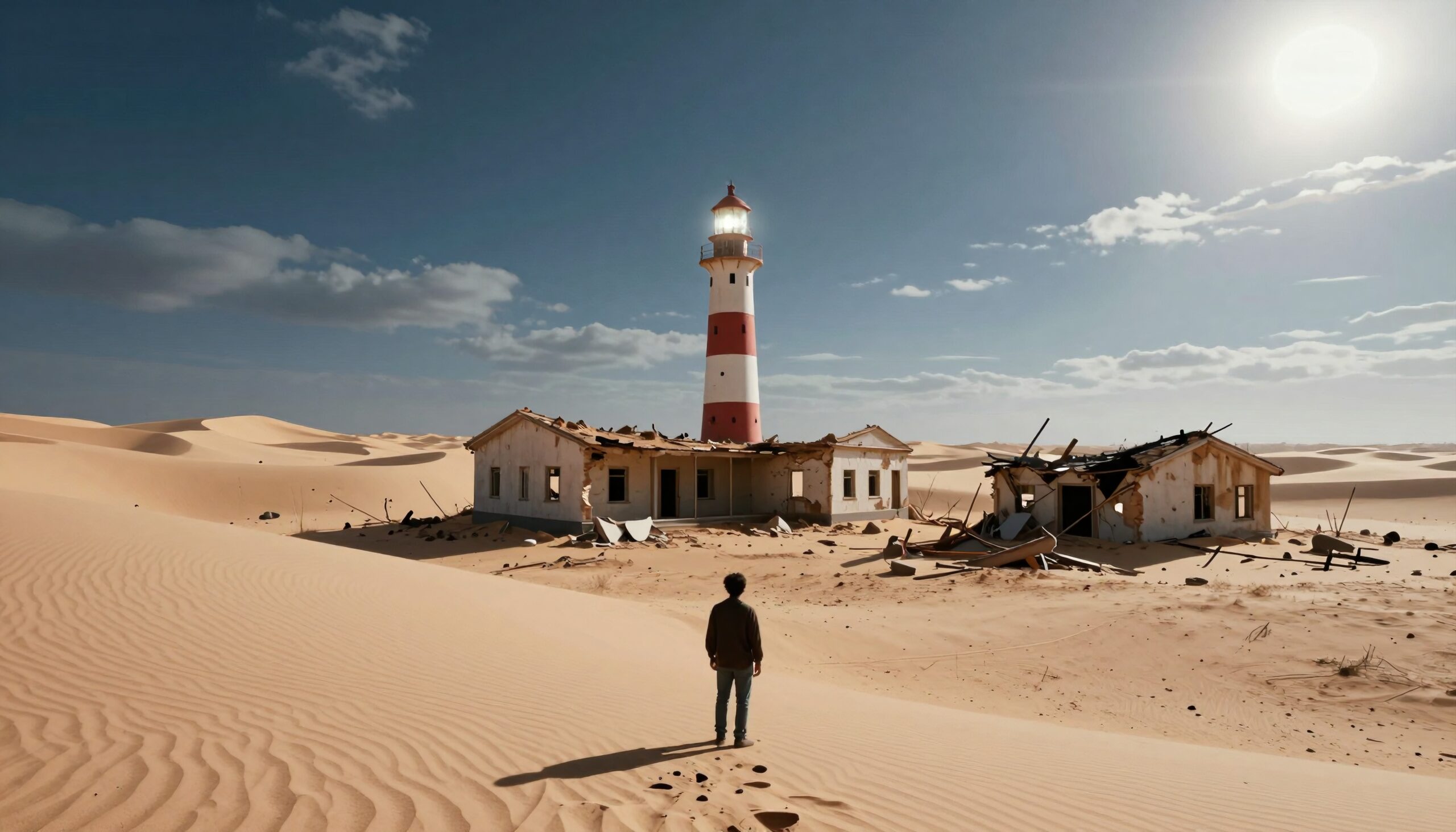 Deserted Lighthouse and Ruined Buildings