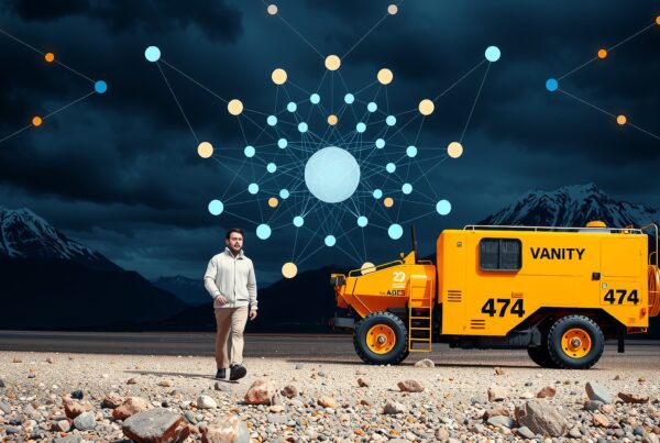 A man walks beside a yellow utility vehicle with a geometric network overlay, set against a dramatic mountain landscape.