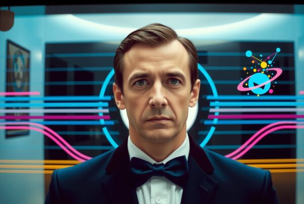 Man in tuxedo, abstract neon background, futuristic theme.