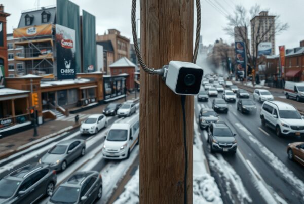 City surveillance camera overseeing urban traffic on a snowy day with billboard advertising.