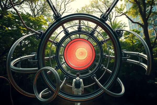 A person in a forest admires a futuristic, glowing metallic structure with concentric rings.