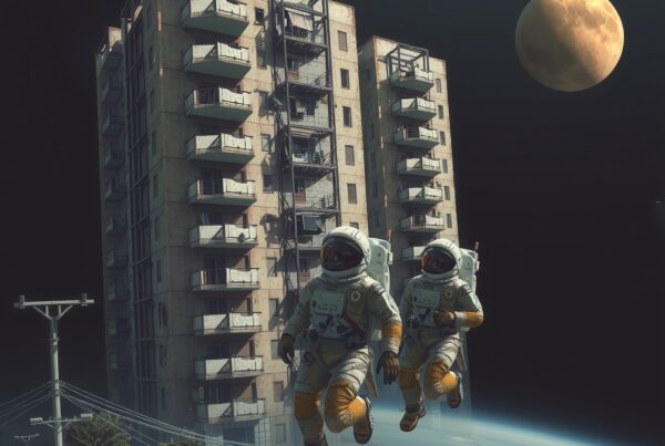 Astronauts floating near an abandoned city building in space.