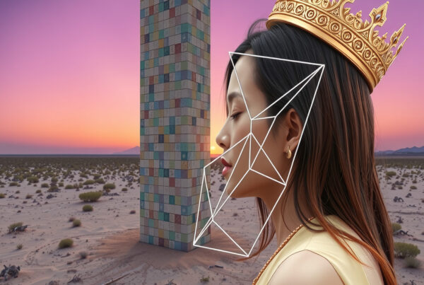 Portrait of a Woman with Crown Overlay in a Desert Landscape at