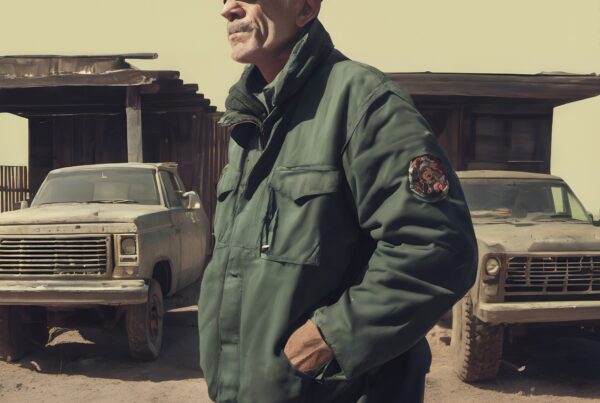 An older man in a green jacket stands in front of two dusty trucks in a rural, desert-like setting.