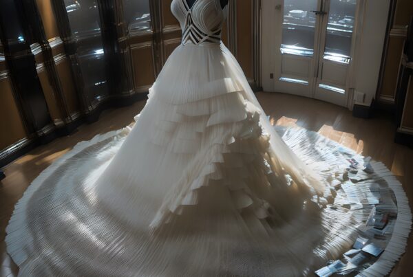 Luxurious cream gown with pleated skirt displayed in elegant room.