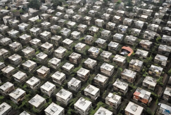 Aerial view of suburban neighborhood with rows of houses and greenery.