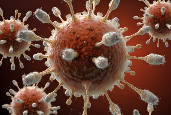 Detailed 3D rendering of virus particles with spikes on a red background, symbolizing pandemic and infection concepts.