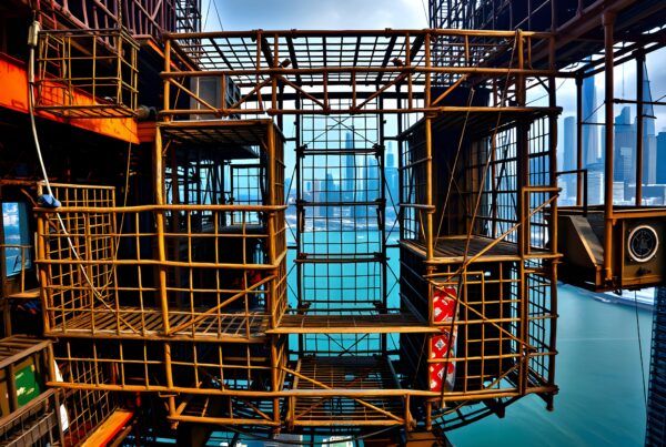 Cage home scaffolding on urban construction site high above city.