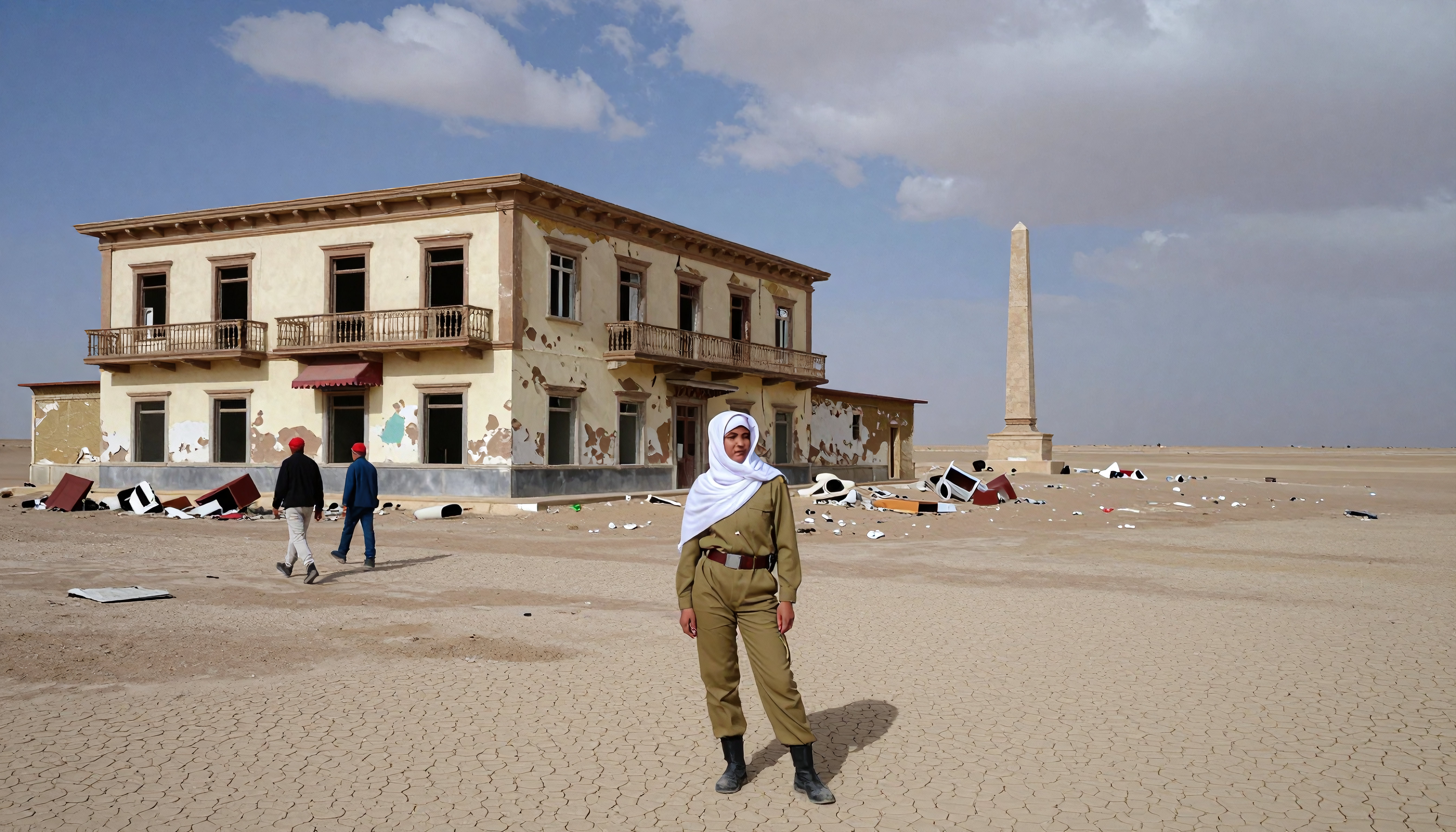 Desert Ruins with Military Figure and Obelisk