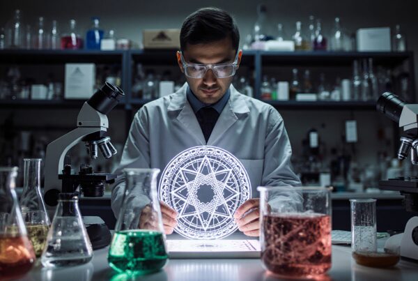 Scientist examines glowing geometric pattern in laboratory.