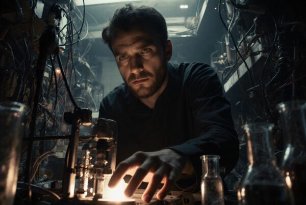 A man in a dimly lit laboratory examines equipment, surrounded by cables and science apparatus.