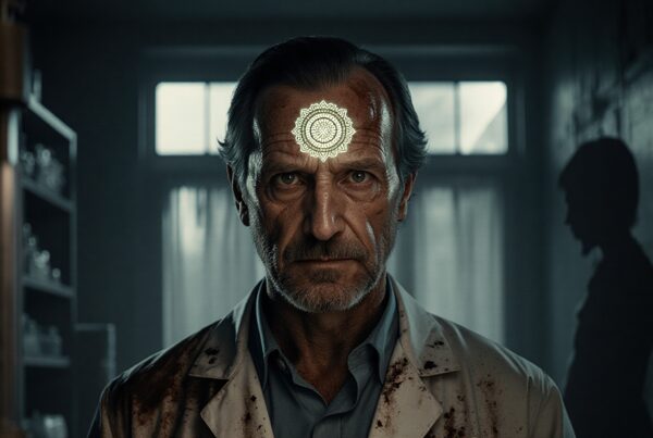 An older man in a laboratory with a glowing mandala design on his forehead, wearing a stained lab coat, stands against a dark, mysterious background.