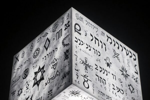 A white cube covered in mystical symbols and scripts against a black background.