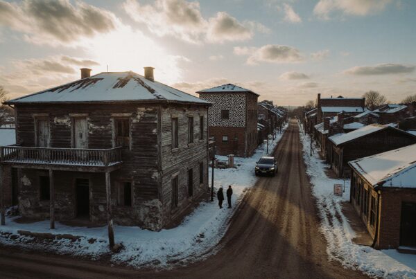 A snow-covered abandoned town during sunset.