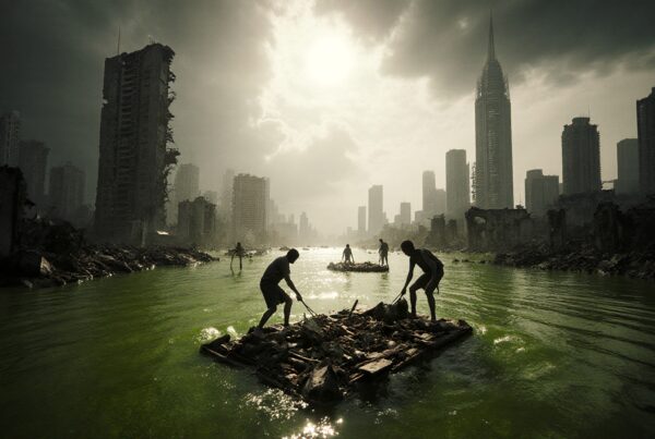 Apocalyptic cityscape with a green river and silhouetted figures scavenging on makeshift rafts amidst towering ruins.