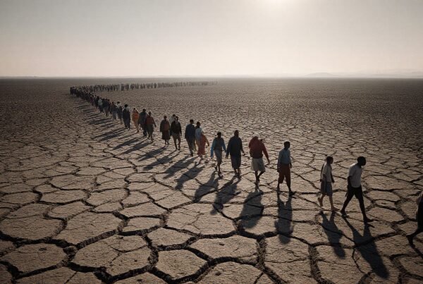 A long line of people walks across a vast, cracked desert, highlighting themes of migration and endurance.