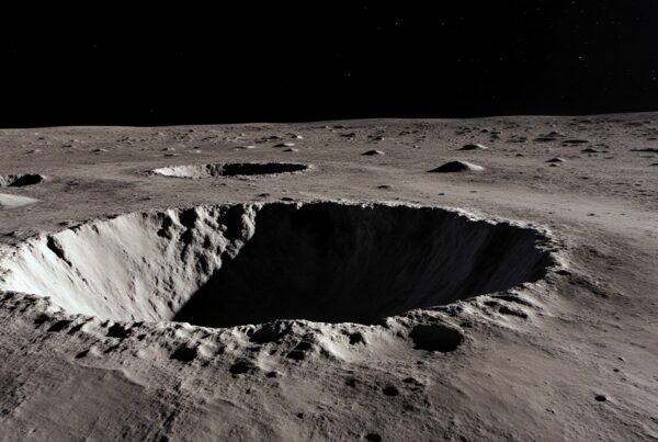 Image of a lunar surface with a large prominent crater under the vast, star-speckled sky, illustrating the moon's barren and crater-rich terrain.