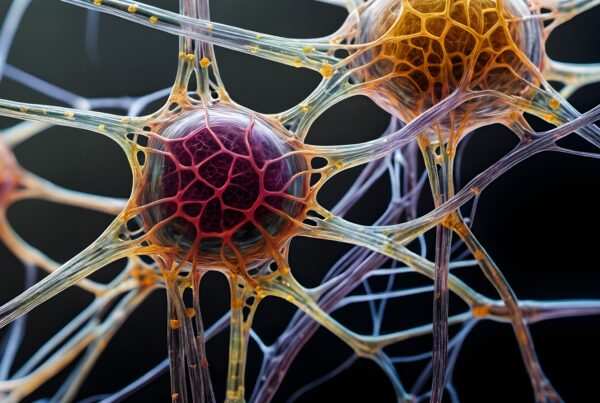 Illustration of colorful interconnected neurons showcasing complex neural structures against a black background.