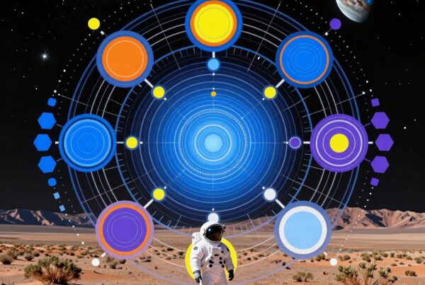 Astronaut in a desert with a colorful cosmic diagram in the sky.