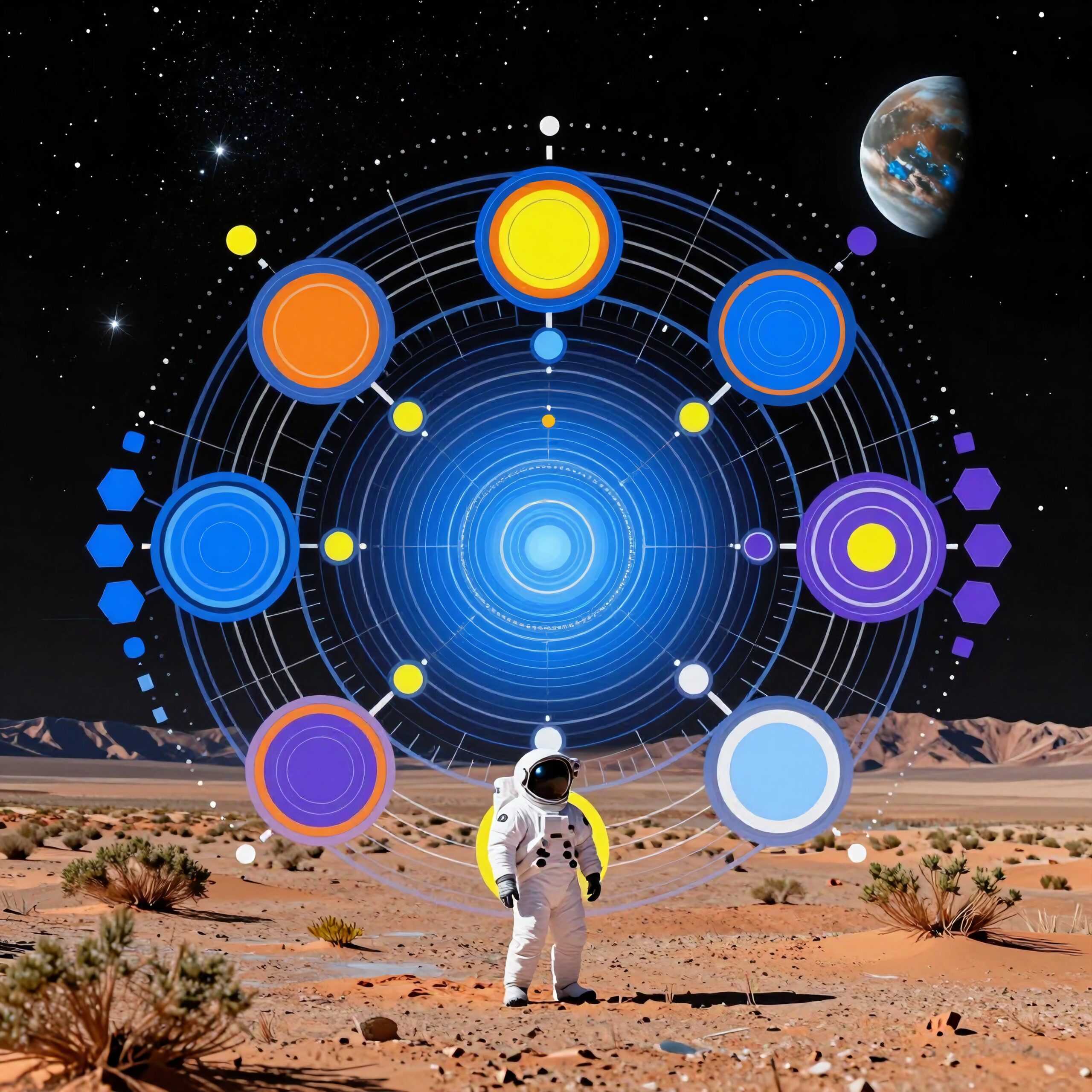 Astronaut Under Cosmic Diagram