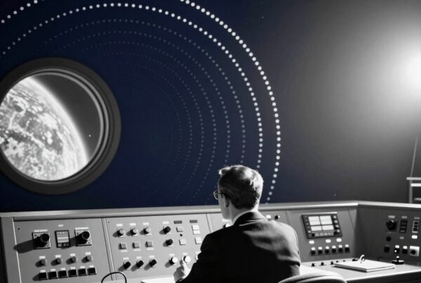 A man sits at a futuristic control console, monitoring Earth through a circular display in a dimly lit room.