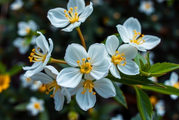 Cluster of white flowers with prominently yellow stamens against dark green foliage.