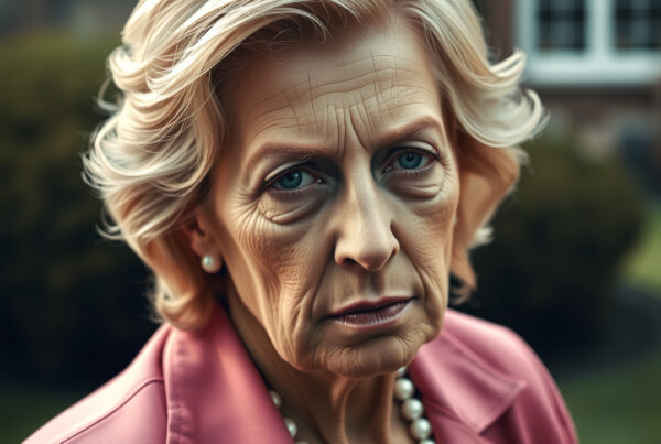 Elegant older woman wearing pearls and pink coat standing outside looking thoughtfully into distance