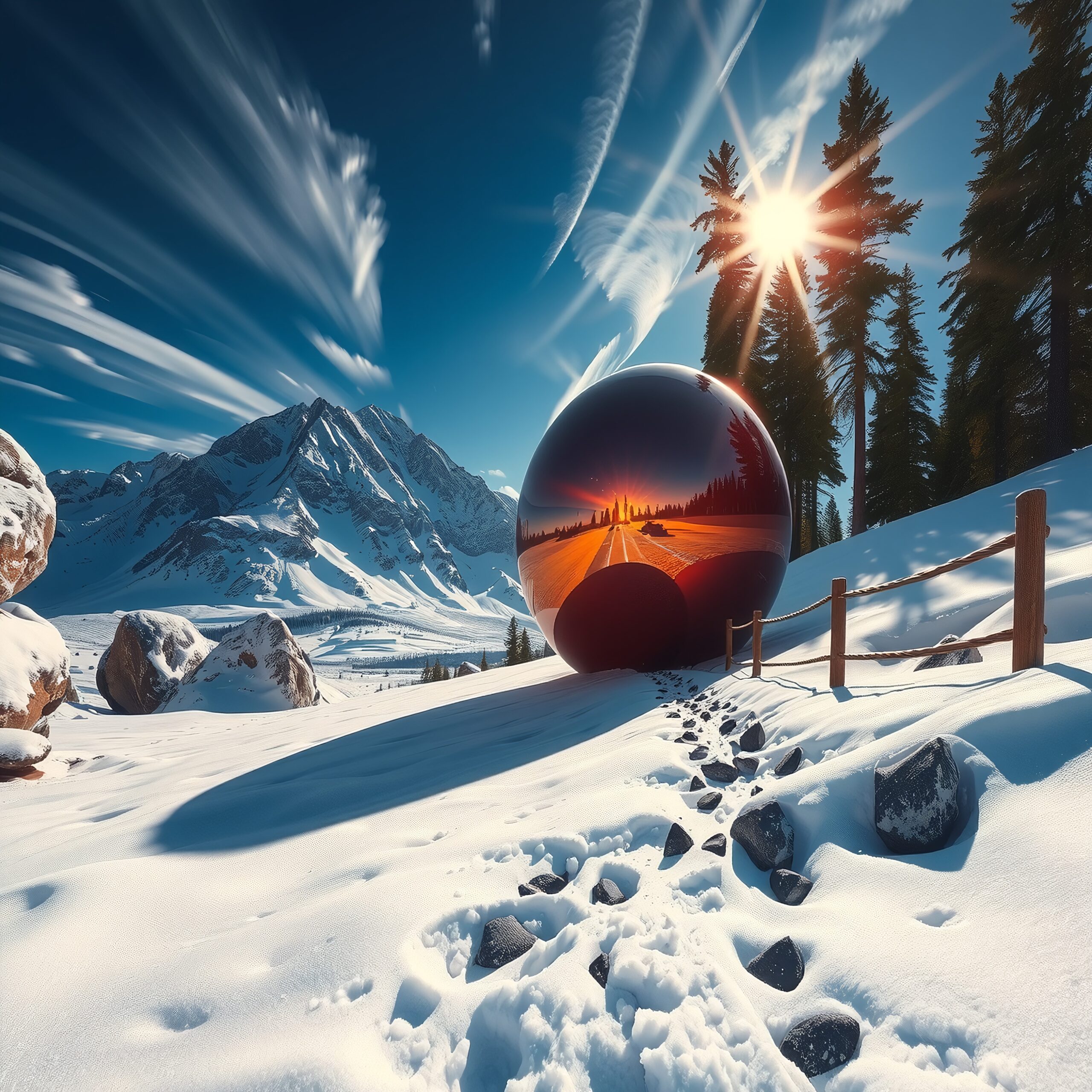 Reflective Orb in Snowy Mountains