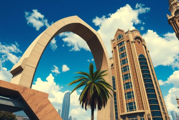A picturesque cityscape featuring a grand stone archway, palm tree, and ornate buildings against a vibrant blue sky.