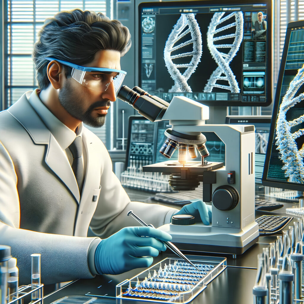 Scientist Using Microscope To Analyze DNA Samples In Modern Labo