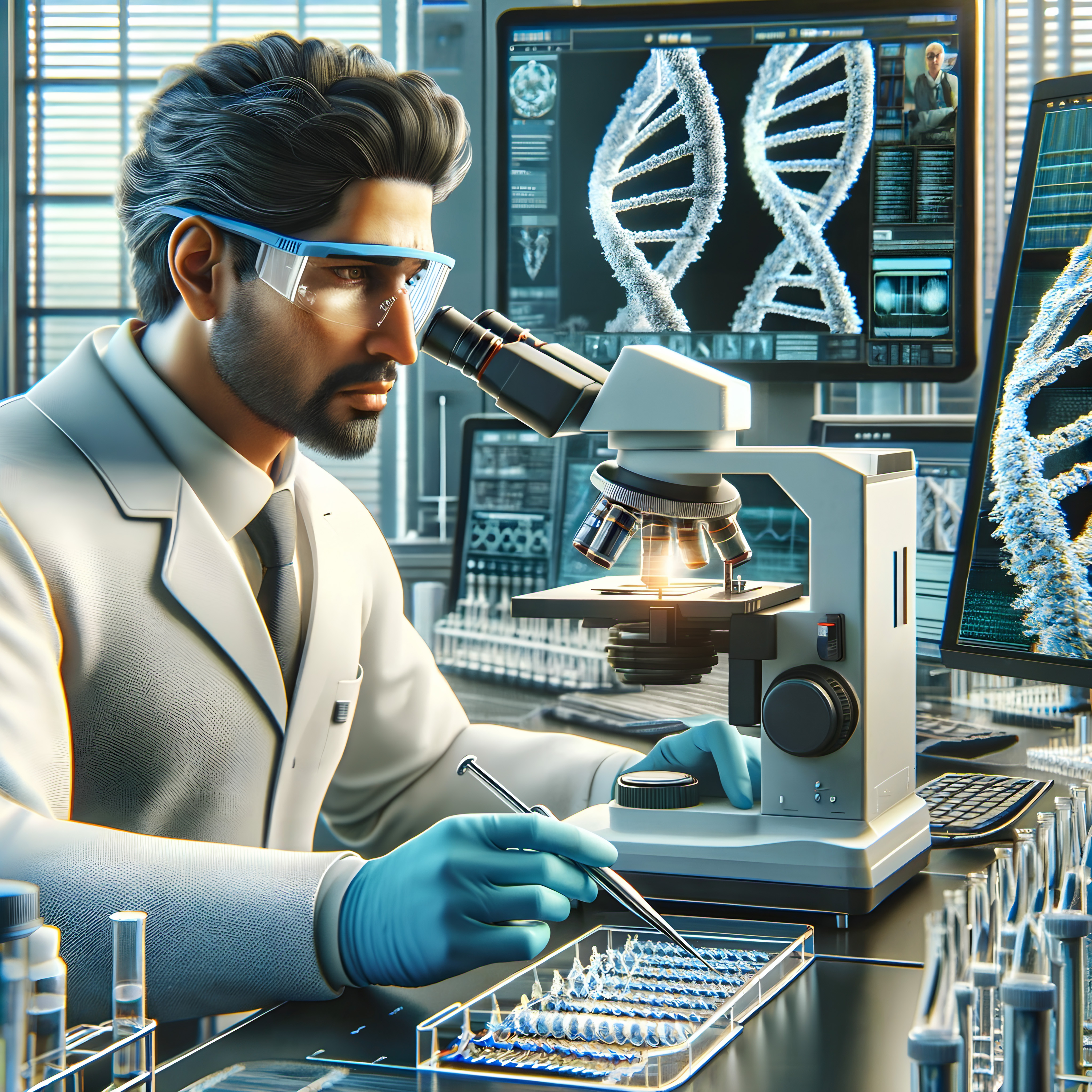 Scientist Using Microscope To Analyze DNA