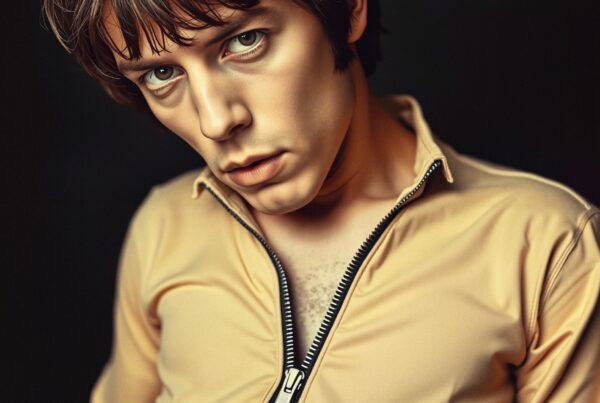 Portrait of a young man with an intense gaze, wearing a partially unzipped beige shirt, set against a dark background.