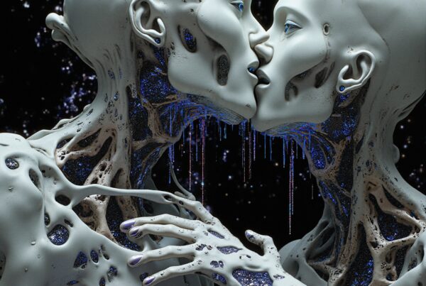 A captivating image of two abstract humanoid figures kissing against a starry sky, with luminescent blue details.