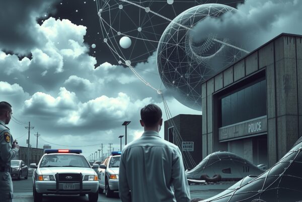 A man stands before police cars under a futuristic cosmic sky with swirling spheres and debris.