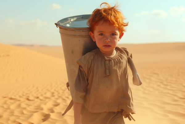 A young child with red hair carries a water container through a vast desert landscape under a bright blue sky.