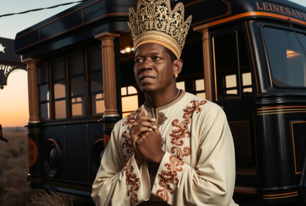 Man in ornate robe and crown stands thoughtfully before vintage tram at sunset.