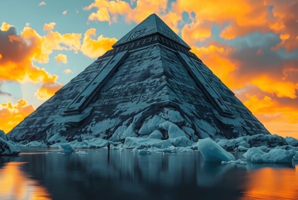An ancient pyramid surrounded by icebergs at sunset.