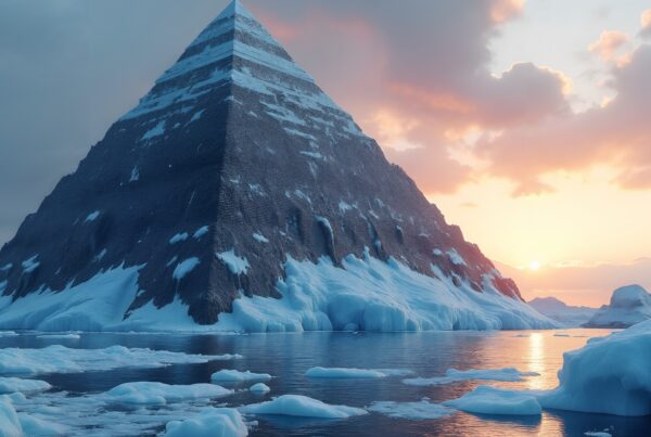 Pyramid surrounded by icy landscape at sunset.