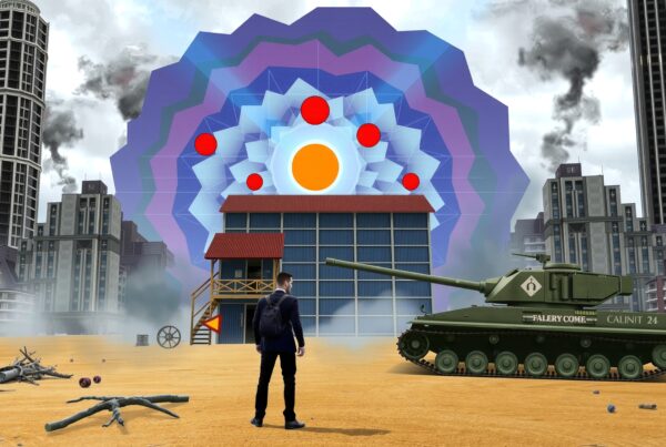 A modern city scene with a man facing a tank amid colorful, geometric sky art.