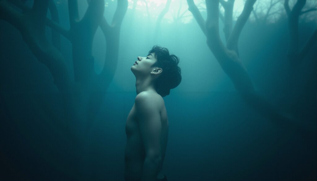 Underwater Portrait of Man Amidst Forest Trees