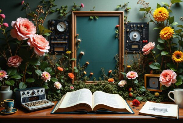 Vibrant flowers and vintage radios encircle an open book on a wooden desk, creating a beautiful blend of nature and retro technology.