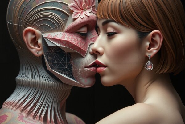 A woman intimately embraces a tattooed, futuristic figure, symbolizing the contrast between natural and artificial beauty.