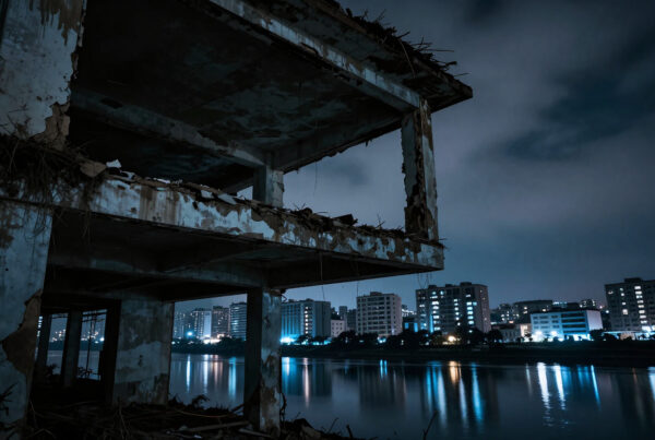 Abandoned ruined building overlooking illuminated city skyline reflected in tranquil nighttime river