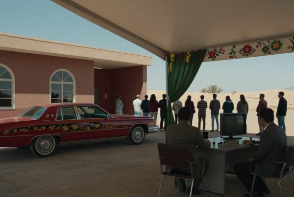 A red vintage car, people in line, and a control desk under a desert tent.