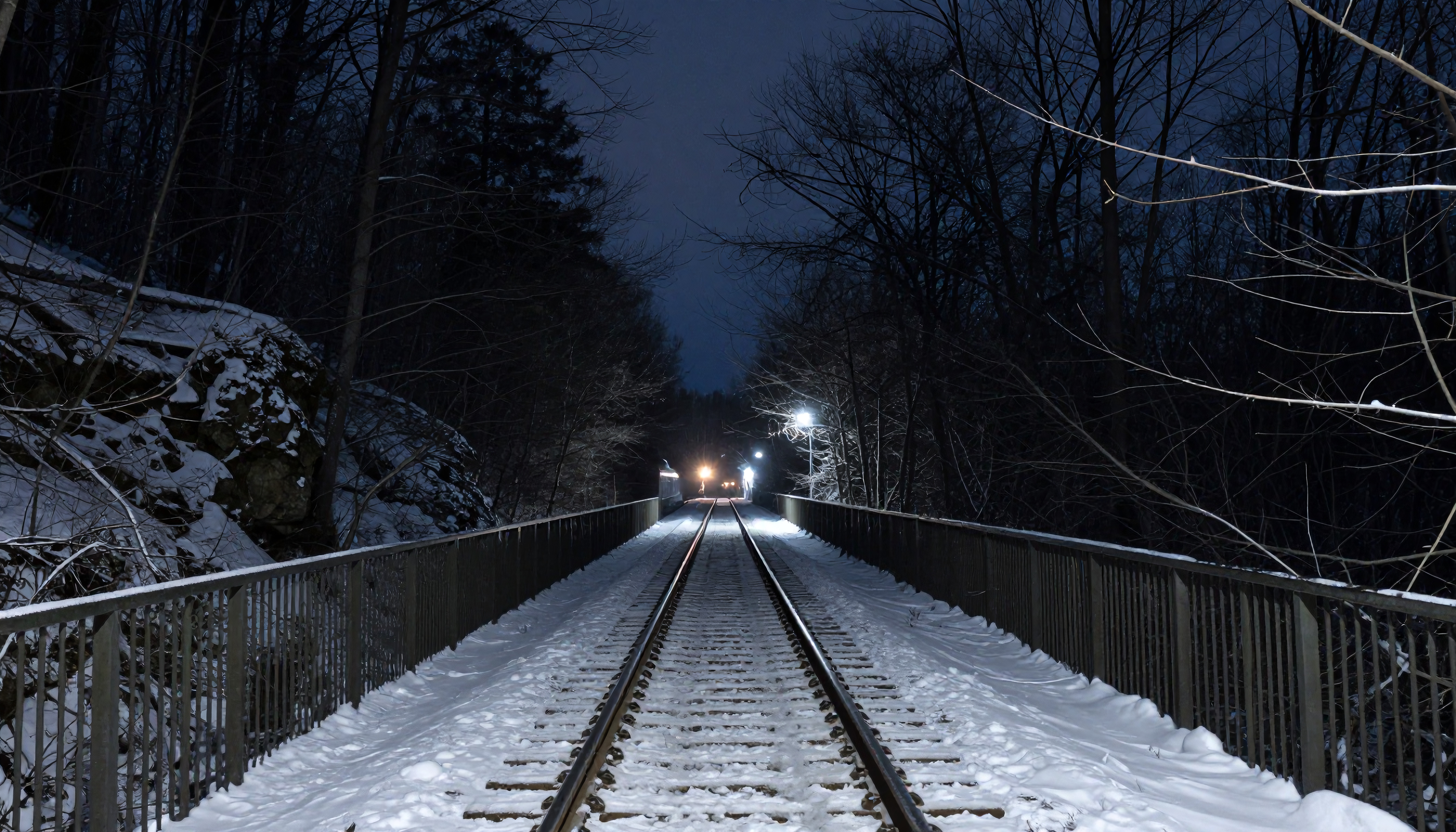 Snowy Night Railway Bridge with Approaching Train