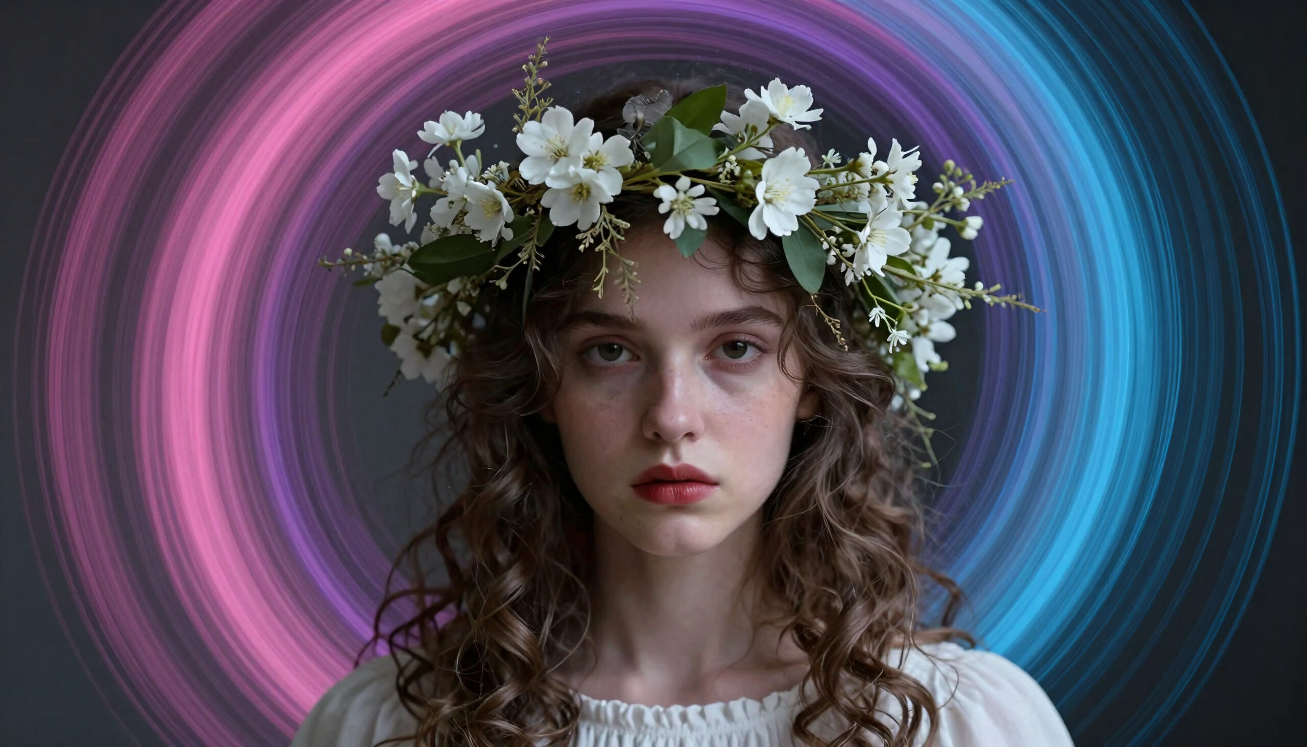 A Young Woman Wearing a Floral Wreath