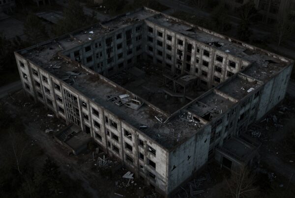 Aerial view of abandoned, dilapidated building with debris.