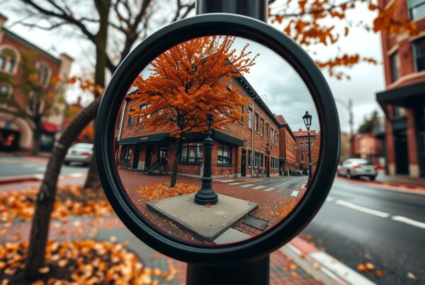 Reflection of street in a convex traffic mirror showcasing colorful autumn leaves and historic architecture.